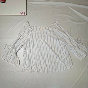 Hollister Blue White Striped Cold Shoulder Bell Sleeve Blouse Top Womens Large